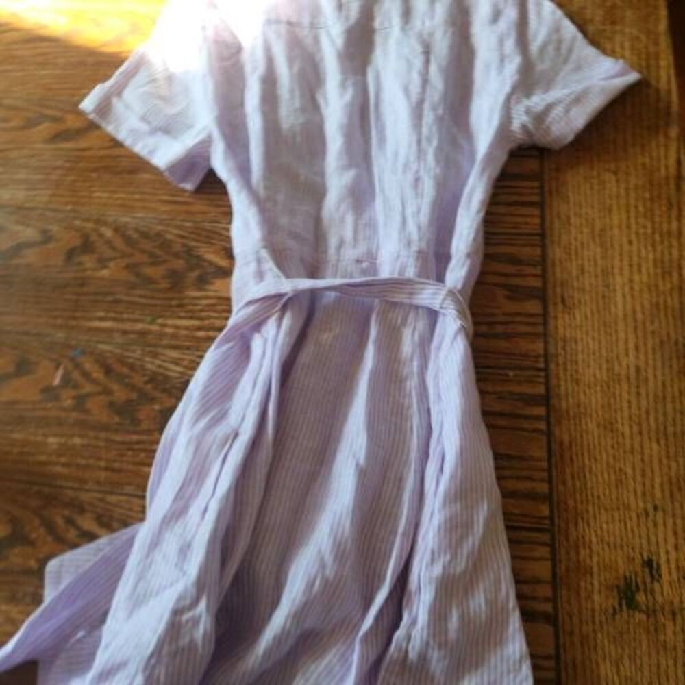 HILL HOUSE Lilac Stripe Linen Laura Dress Belted Shirt Button Front sz Small - Picture 4 of 4